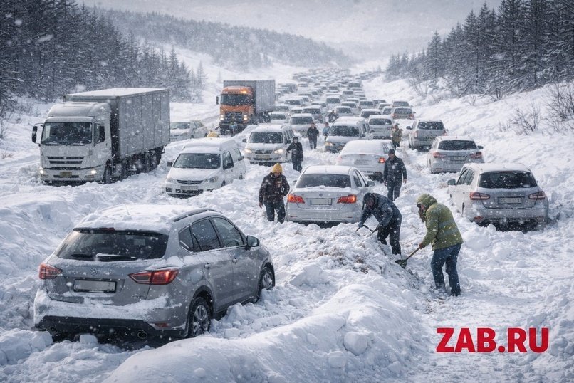 65 машин в снежном плену: в Забайкалье федеральную трассу засыпало в разгар весны